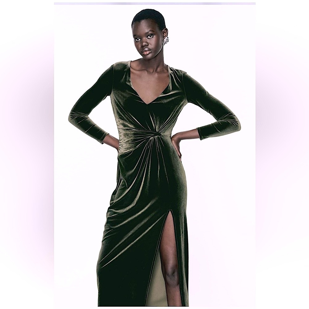 Knotted Velvet midi dress dark olive green dark khaki Zara M NWT